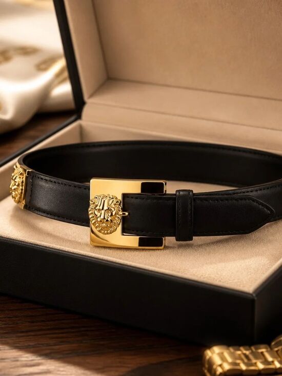 Avignon Accessories - Black Leather Women's Belt with Gold Lion Buckle